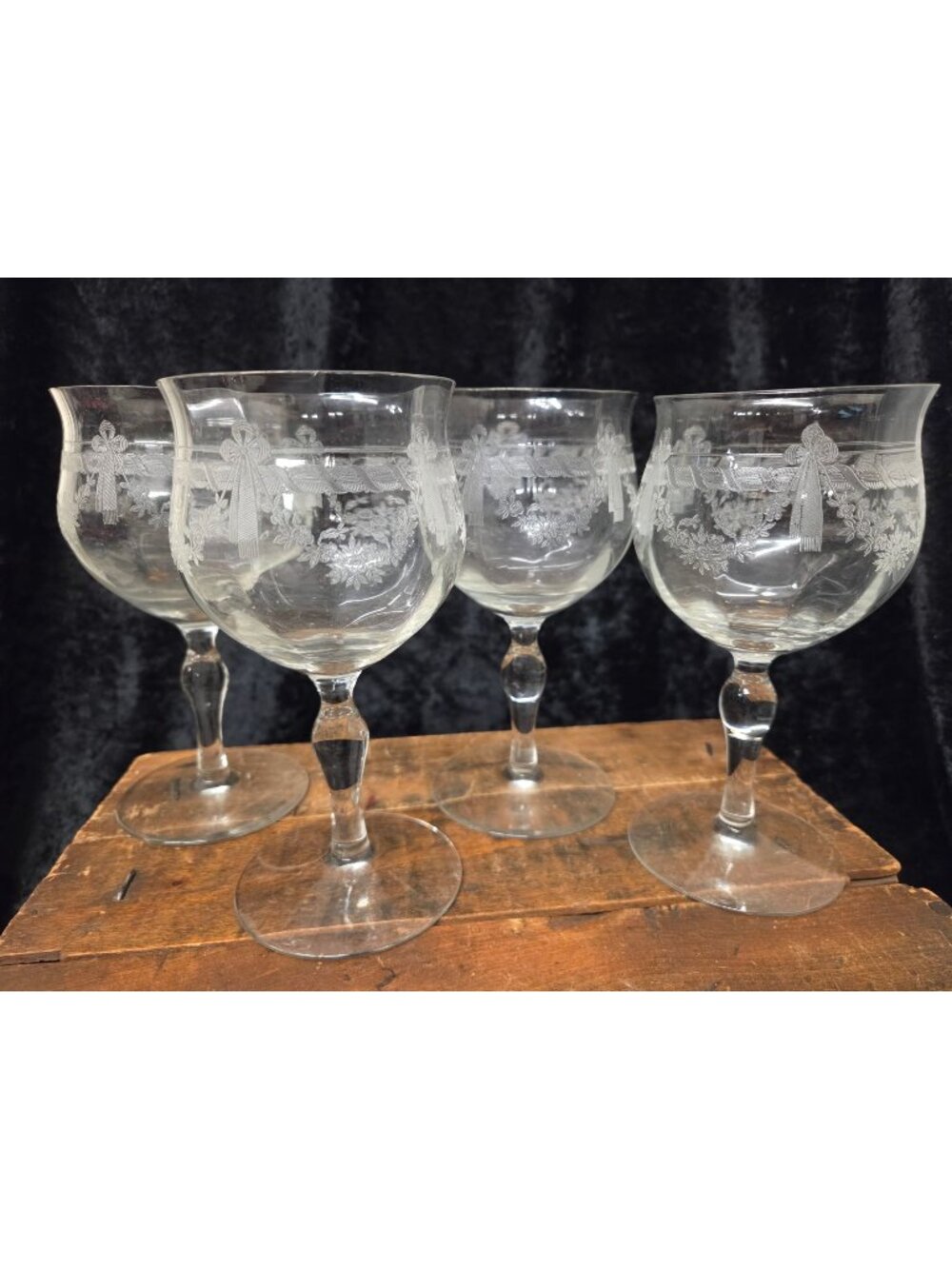 4 Antique Etched Glass Floral & Bow Garland Goblets Louis XVI